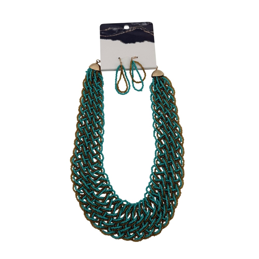 Turquoise Gold Braided‎ Seed Bead Statement Necklace Earring Set FN7087-GD-TQ